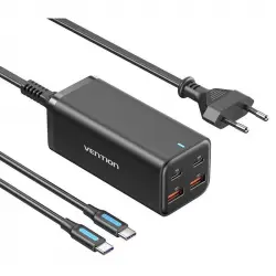 Vention FBSBG-EU Cargador USB-C GaN Ultrarrápido 4 Puertos PD100W + Cable USB-C para Portátil Negro