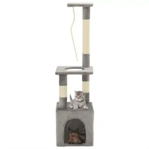 Rascador con poste de sisal y cueva color Gris