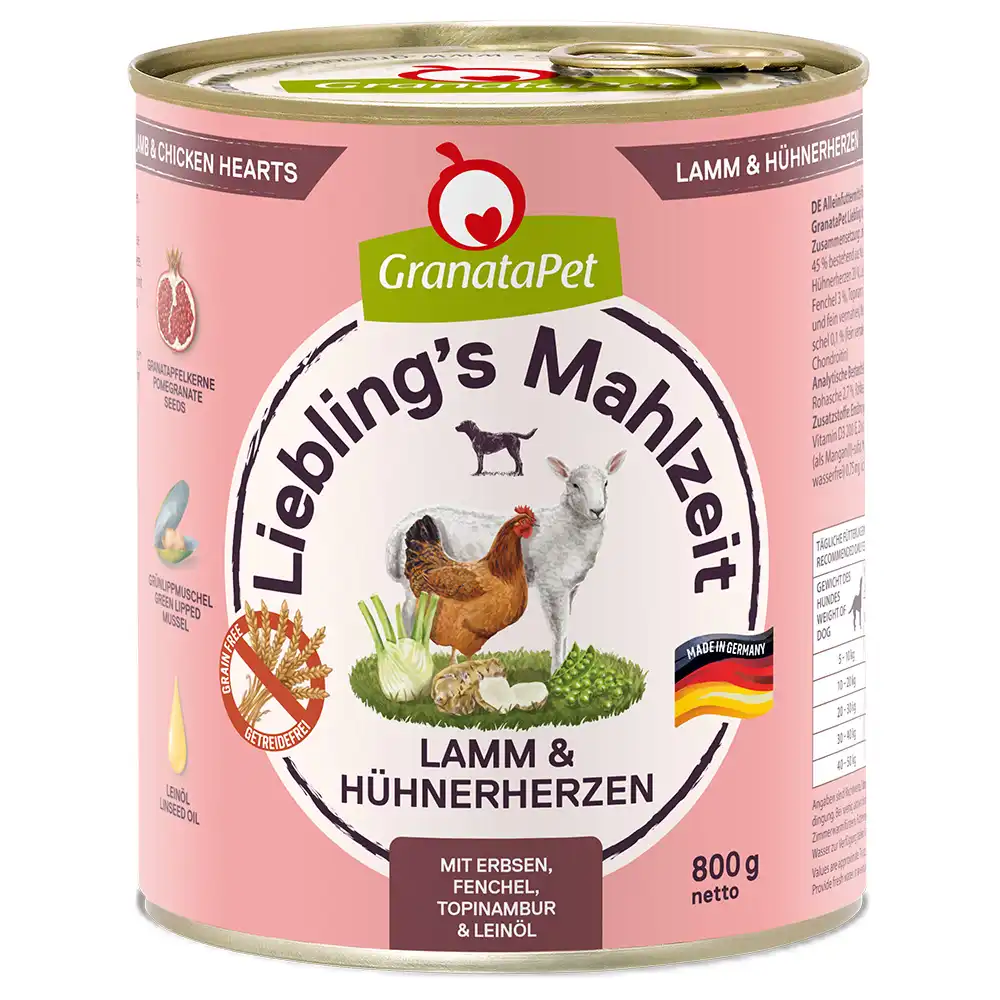 GranataPet Liebling's Mahlzeit 6 x 800 g - Cordero y corazones de pollo