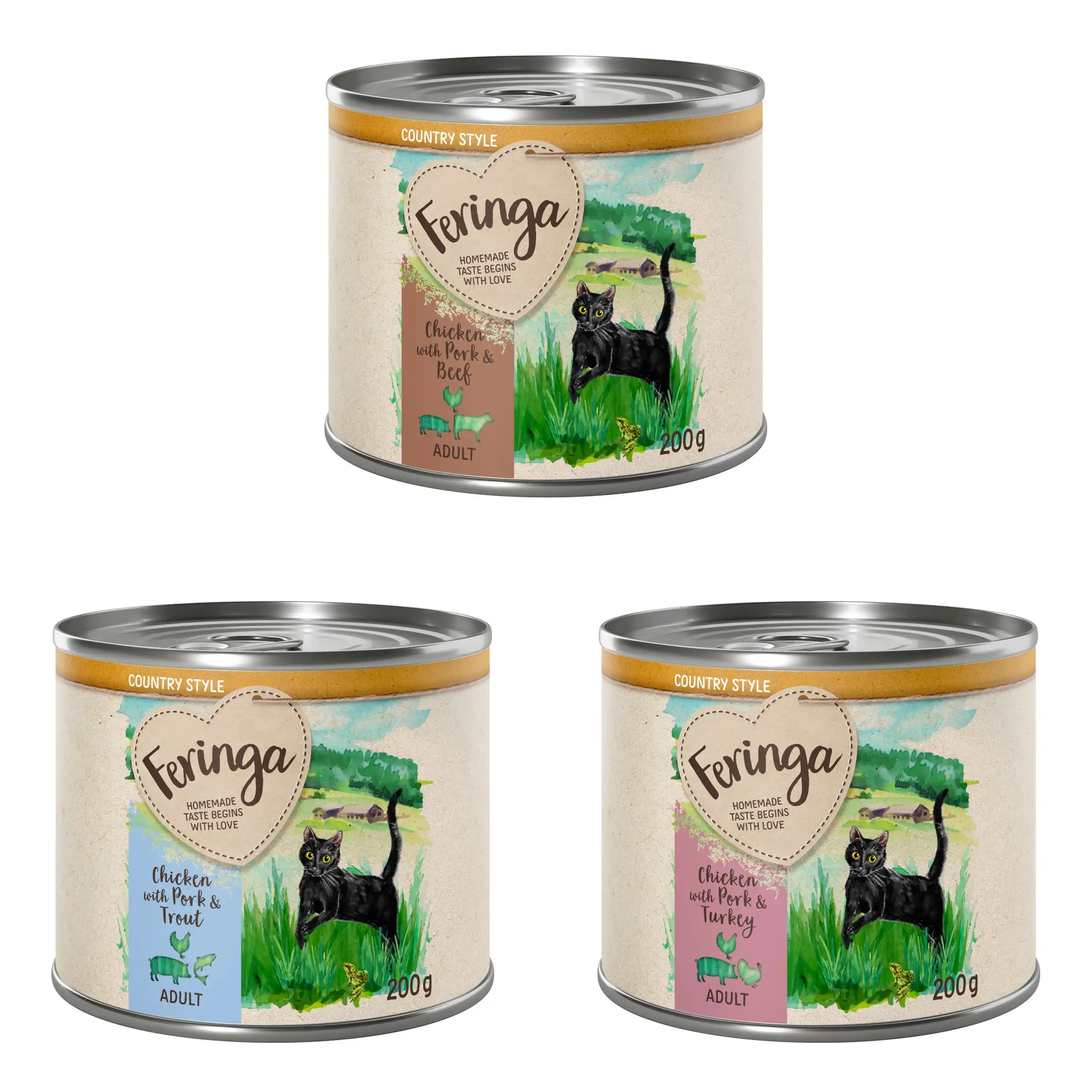 Feringa Country Style Menú 6 x 200 g - Pack mixto 1: pavo, vacuno, trucha