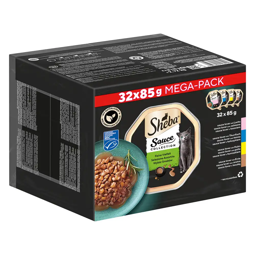 Sheba Multireceta 32 x 85 g en tarrinas comida húmeda para gatos - Sauce Lover (salmón, atún, pollo, pato)